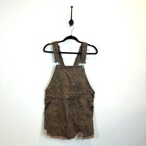 Free People Size 8 Leopard Denim Overalls Mini Skirt Asymmetrical Raw Hem Grunge